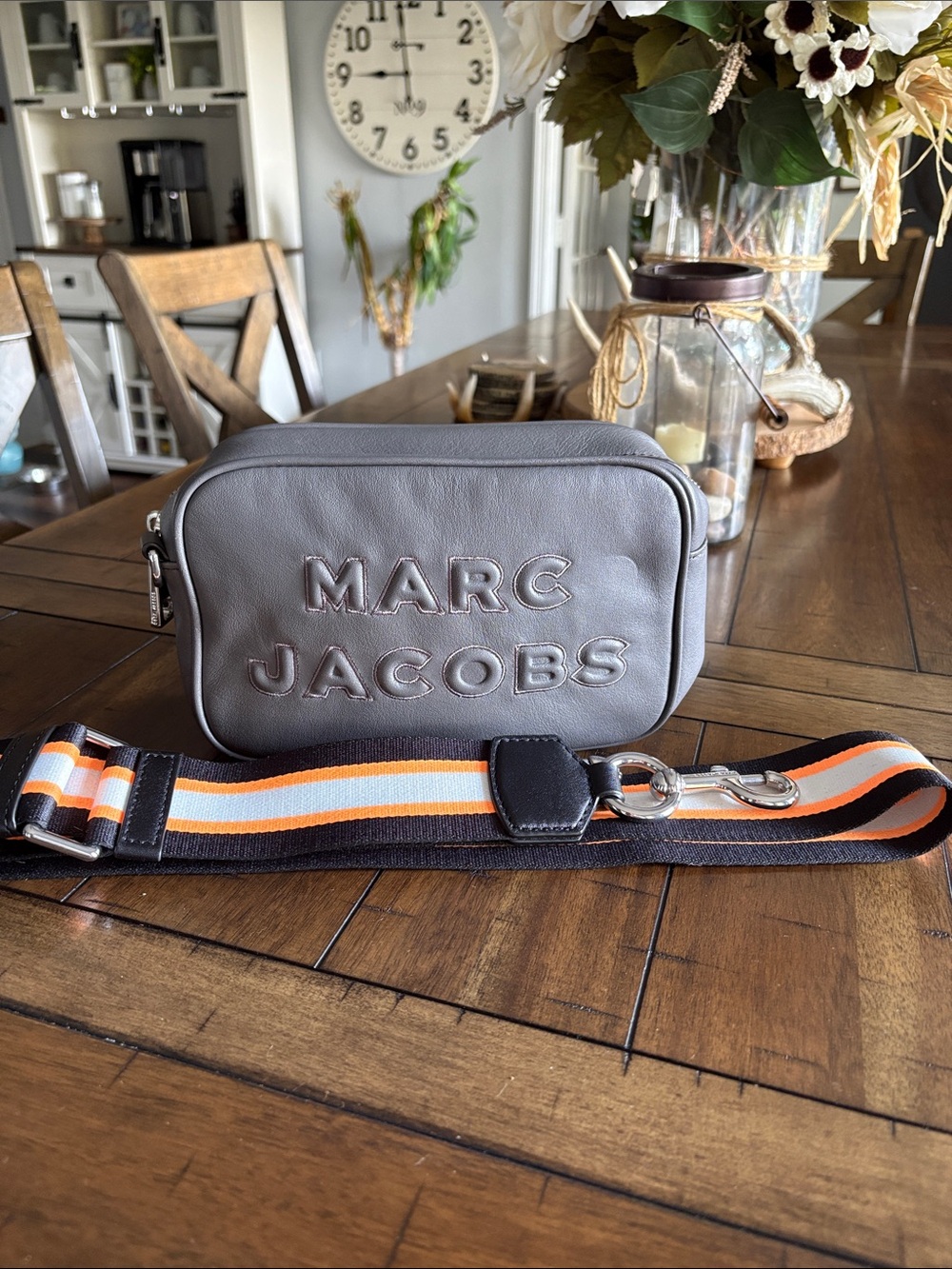 Gray Fashion Crossbody Bag with Orange-Striped Strap